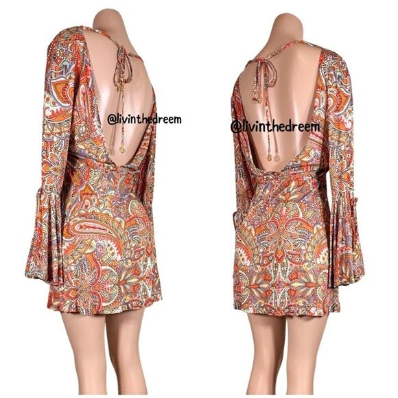 Luli Fama ANDALUZ V Neck Bell Sleeve Short Dress SZ L $145 - Picture 8 of 11